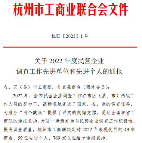 喜报！|易游网页版-易游(中国)官方
集团荣获杭州市工商联“2022年调查工作优秀企业”称号